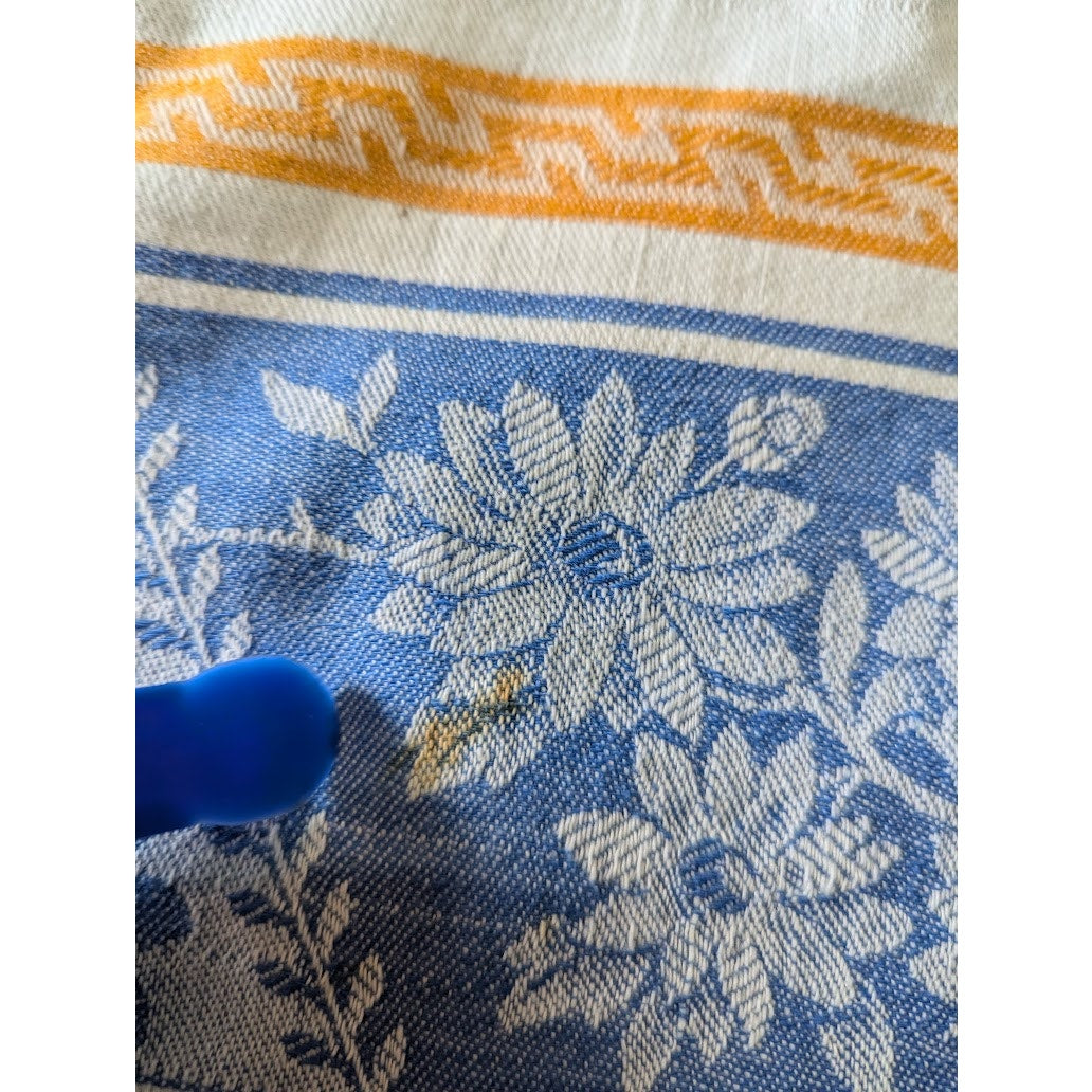 Vintage 50s Damask Tablecloth with Border Print in Red White and Blue 56" X 66"