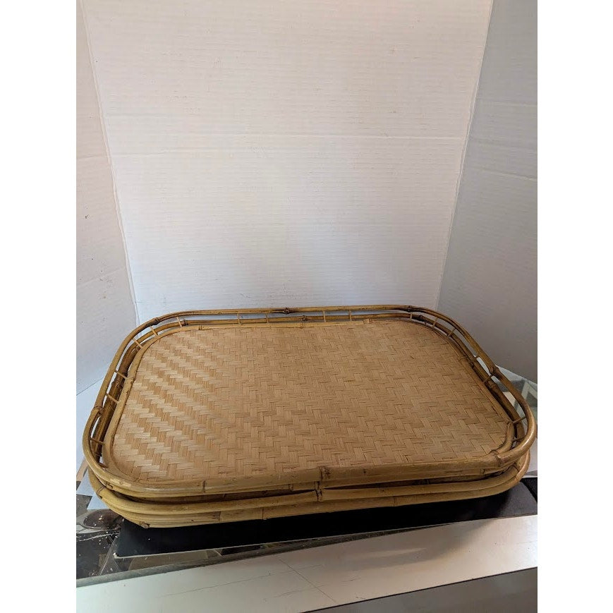 Vintage 1980s Rectangular Woven bamboo serving trays set of 4 19x13