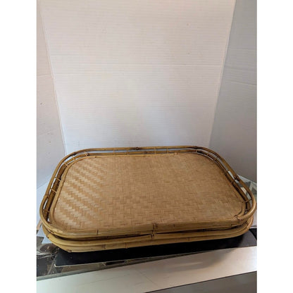 Vintage 1980s Rectangular Woven bamboo serving trays set of 4 19x13