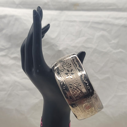 Vintage Etched Silver Tone Bangle Bracelet Floral Pattern Boho Festival