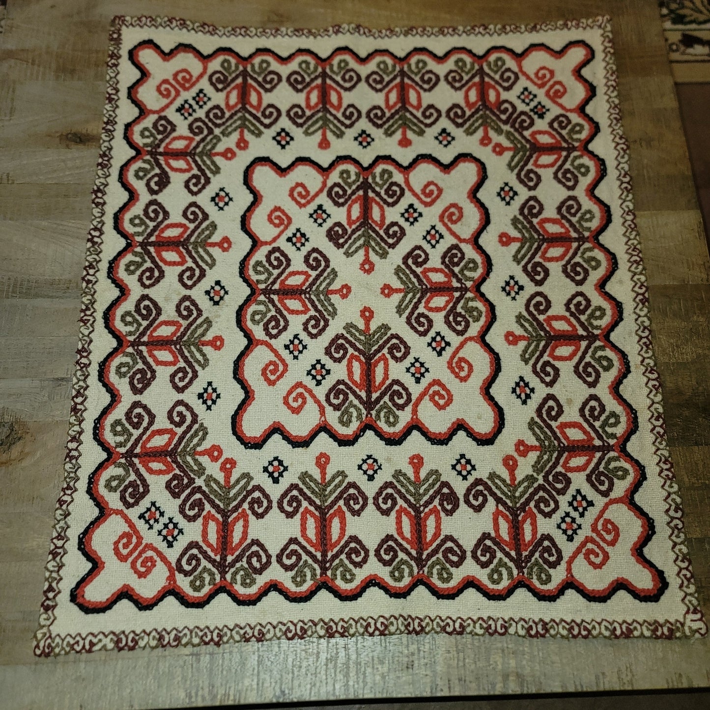 Embroidered Handmade Wool Turkish Tapestry vintage rug 31" x 27" Brown Orange