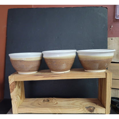 Lot of 3 handmade art pottery studio tea bowls Earthtones brown white sand Clay