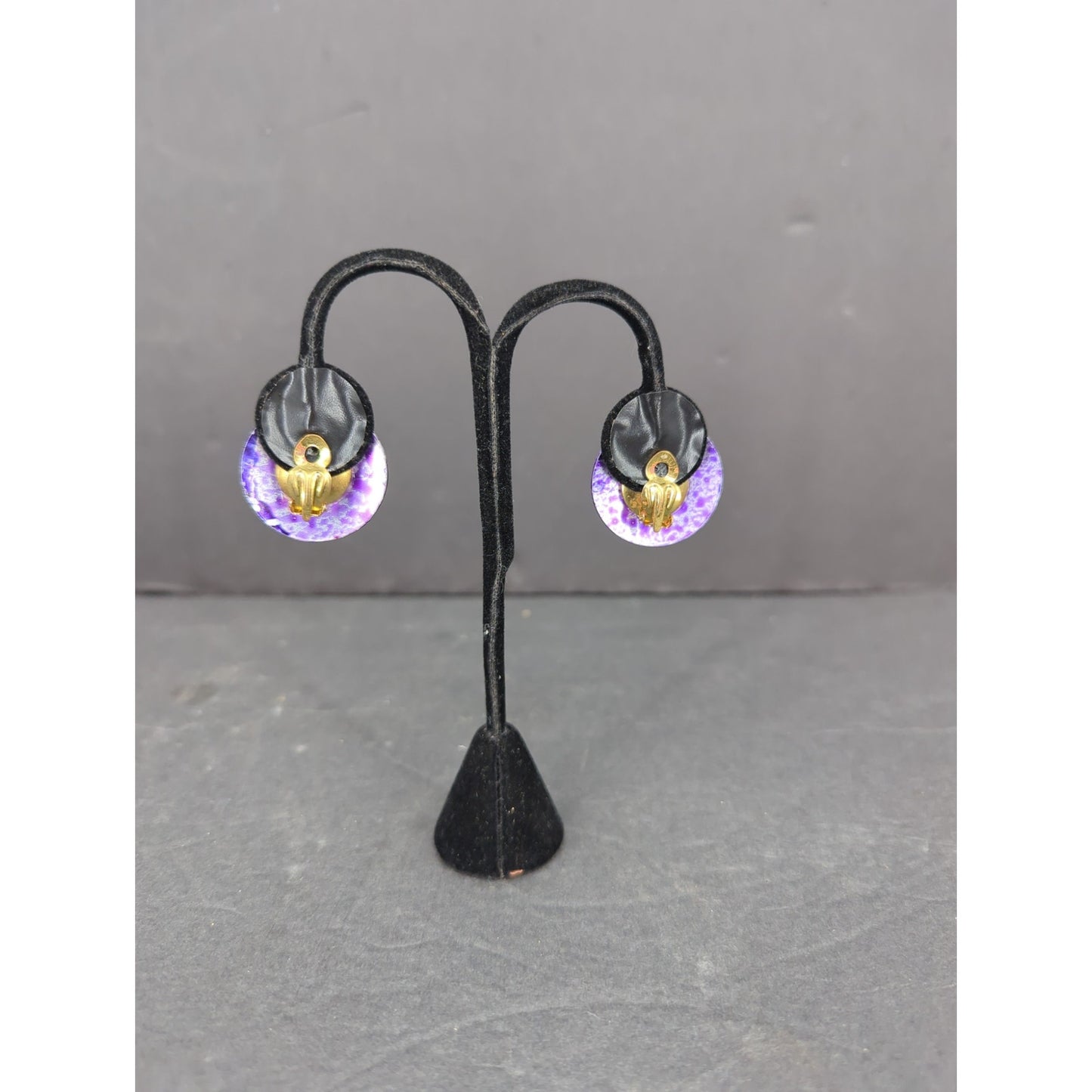 Vintage West Germany HandPainted Enameled Metal Clip On Earrings Abstract PURPLE