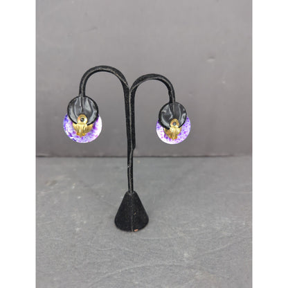 Vintage West Germany HandPainted Enameled Metal Clip On Earrings Abstract PURPLE