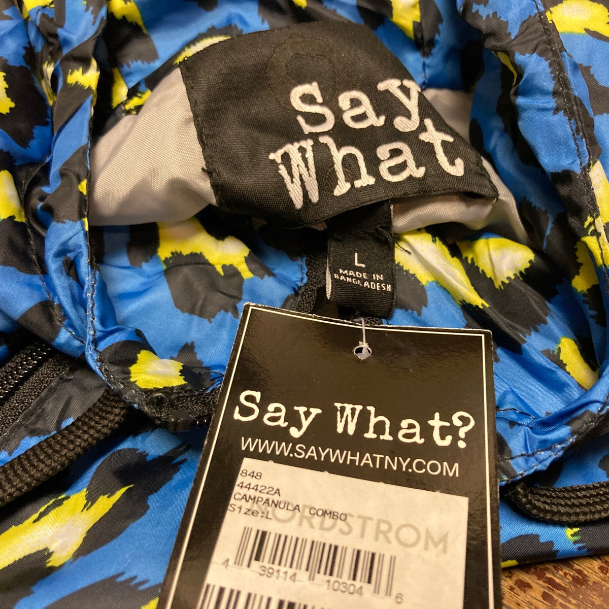 Say What? Blue Animal Print Large NEW Hooded Lightweight Zipper Jacket Raingear