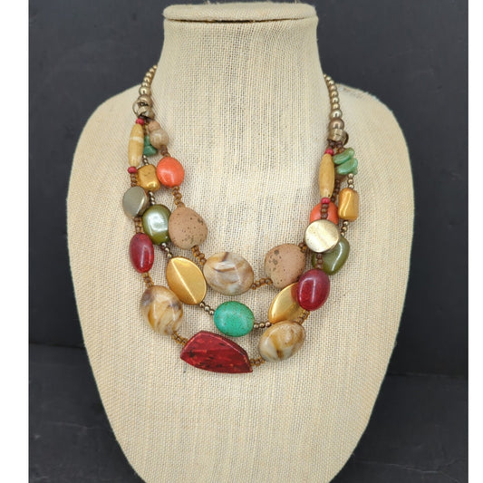 Vintage Multi Strand Beaded Chunky Collar Necklace Boho Chic Retro Festival