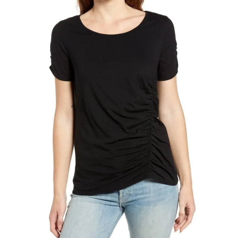 Caslon Casual Size Medium black crew Neck short Sleeve Tee Tshirt Ruched Side