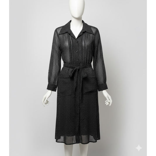 Vintage wide collar cottagecore Polka Dot sheer Dress Medium with Belt