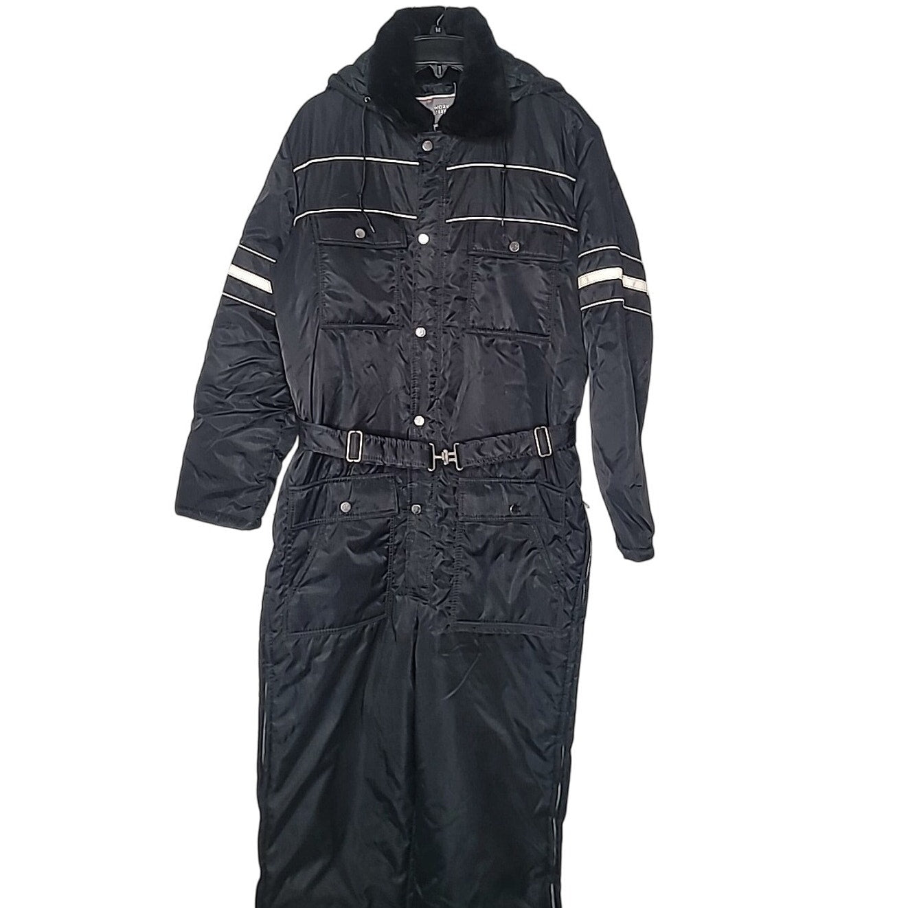 Sears Work Leisure Vintage Zip Up Black White Strips Coveralls Large HOODED
