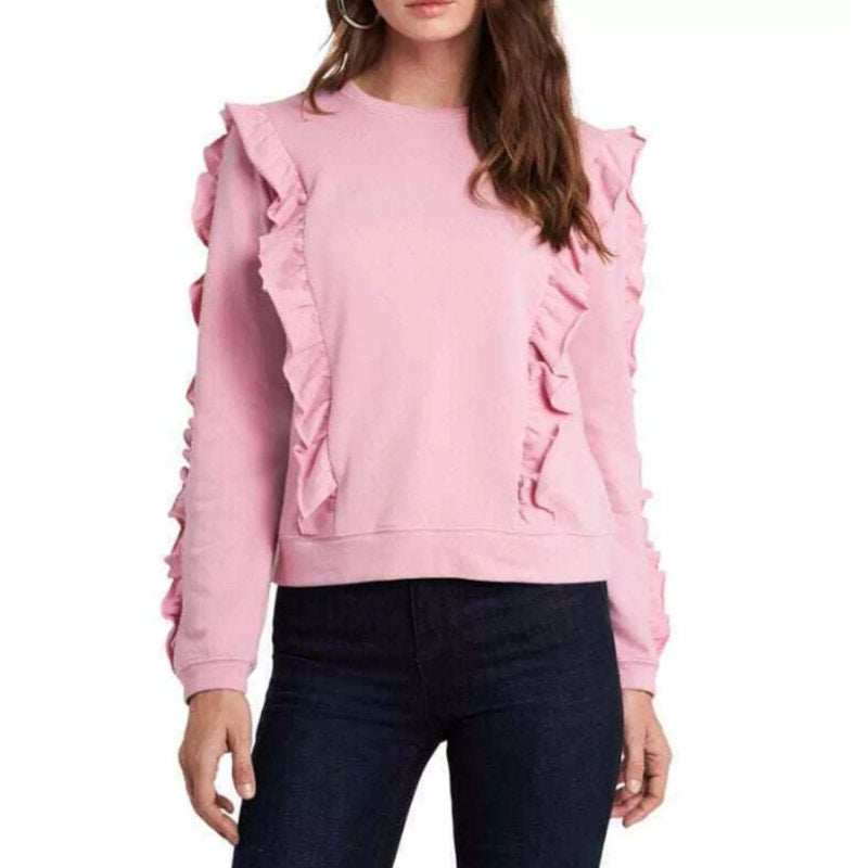 NWT 1. State Sweatshirt Womens MEDIUM Ruffled Crew-neck Rose Pink rib Hem $69