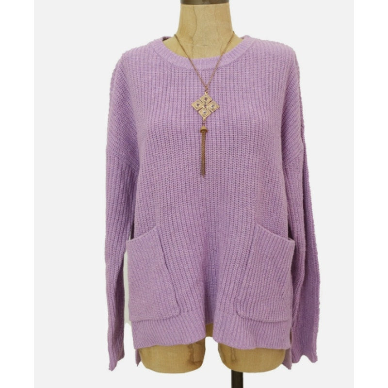Melloday Pullover Sweater Two Pocket Wool Blend Purple NEW Large Lilac CHUNKY