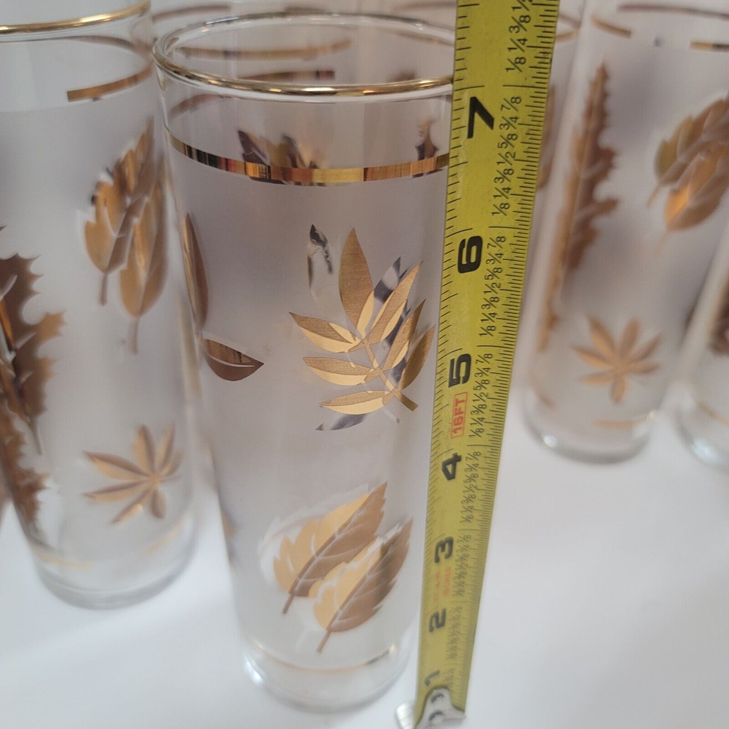 MCM Barware Highball Drinkware Cocktail Set of 8 Libbey Gold Leaves 7'' glasses