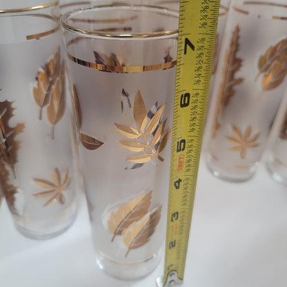 MCM Barware Highball Drinkware Cocktail Set of 8 Libbey Gold Leaves 7'' glasses