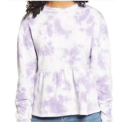 BP Tie Dye Peplum Waist Sweatshirt Top Size Small in Purple and White NWT
