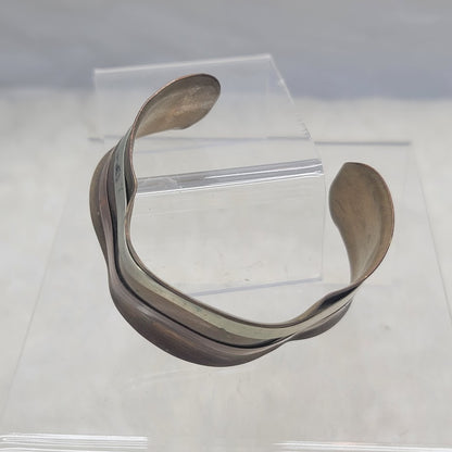 Vintage Brutalist Mixed Metal Ripple Cuff Bracelet Brass Copper Silver Tone