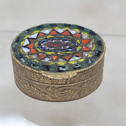 Vintage Italian Micro Mosaic Pill Box - Kaleidoscope Rose Window Motif Brass