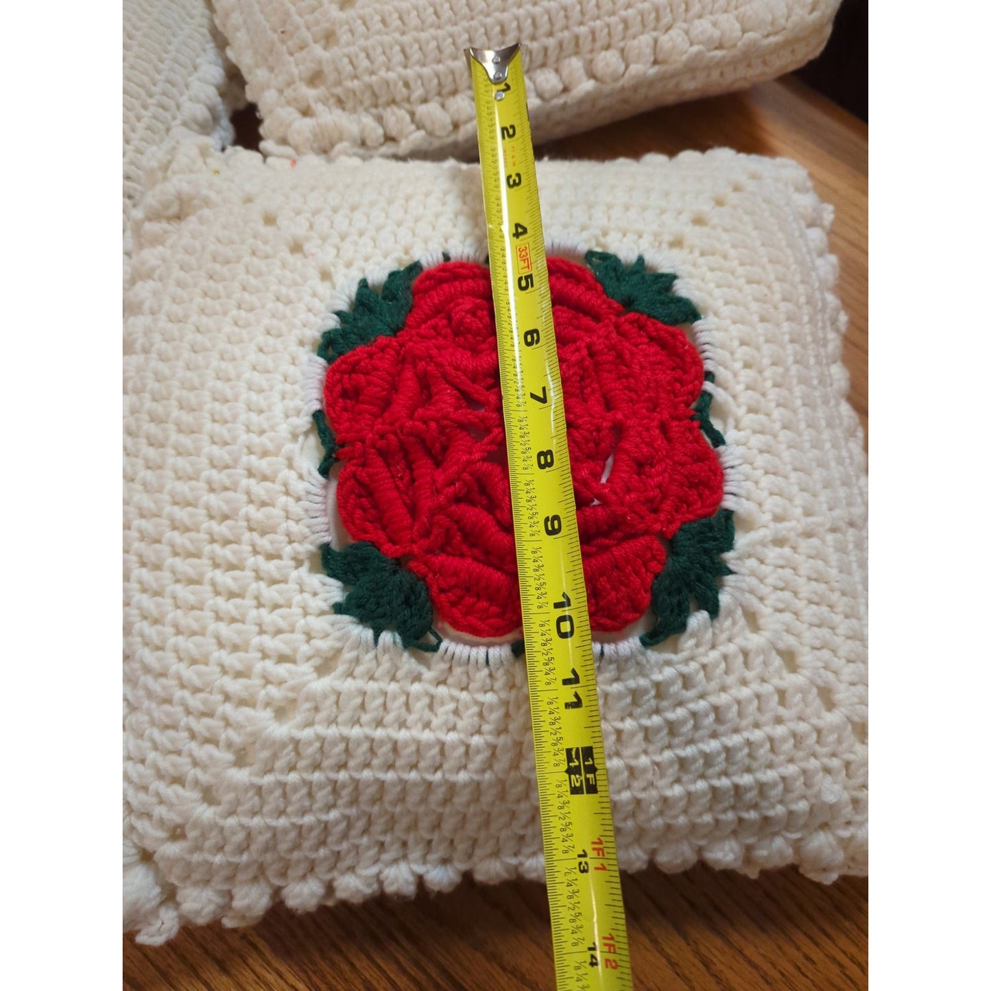 Handmde 96" x 116" King Rose 3D Blanket w/3 pillows white red green Afghan
