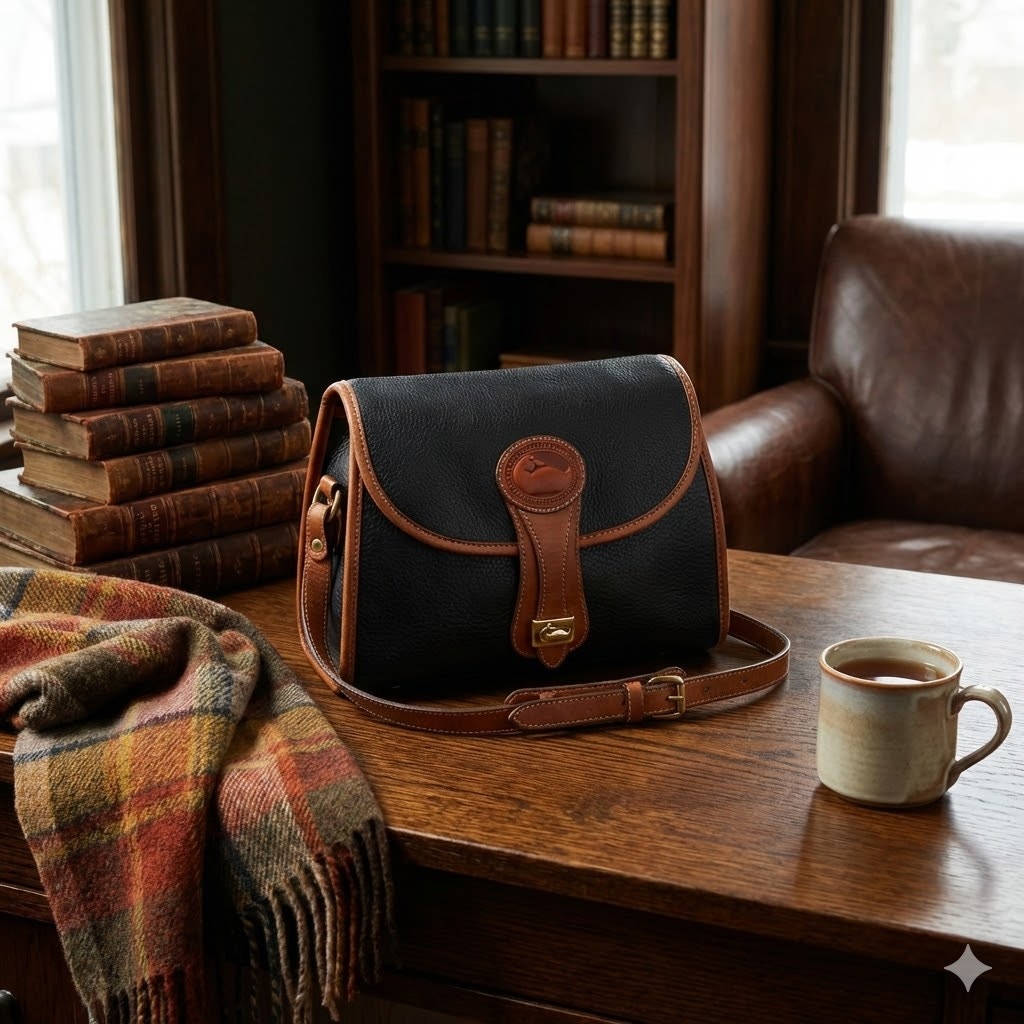 Vintage Dooney & Bourke All-Weather Leather Essex shoulder bag British tan trim
