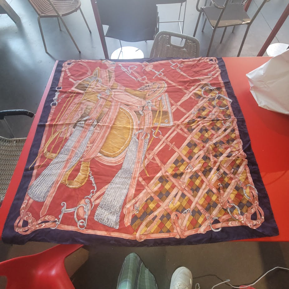 Vintage Italian Silk Scarf Red Navy Equestrian Saddle Old Money Heritage Style