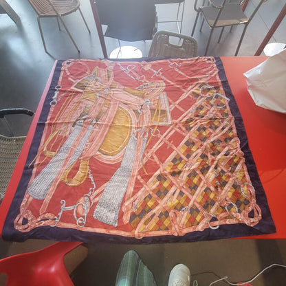 Vintage Italian Silk Scarf Red Navy Equestrian Saddle Old Money Heritage Style