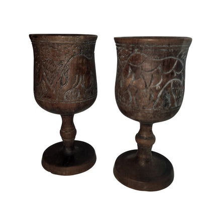 Vintage African Hand Carved Wood Goblets Hippo Rhino Giraffe Pair Tribal MCM