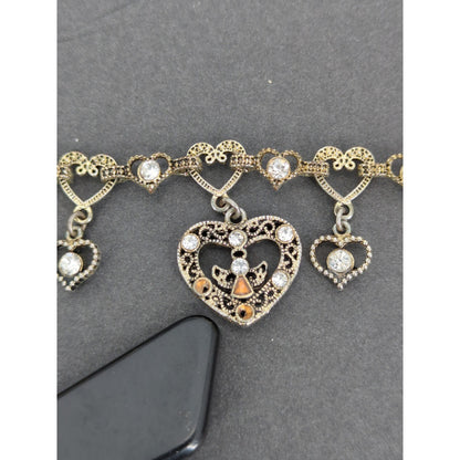 7" Vintage Gold-Tone Filigree Heart & Angels Charm Bracelet Coquette Victorian
