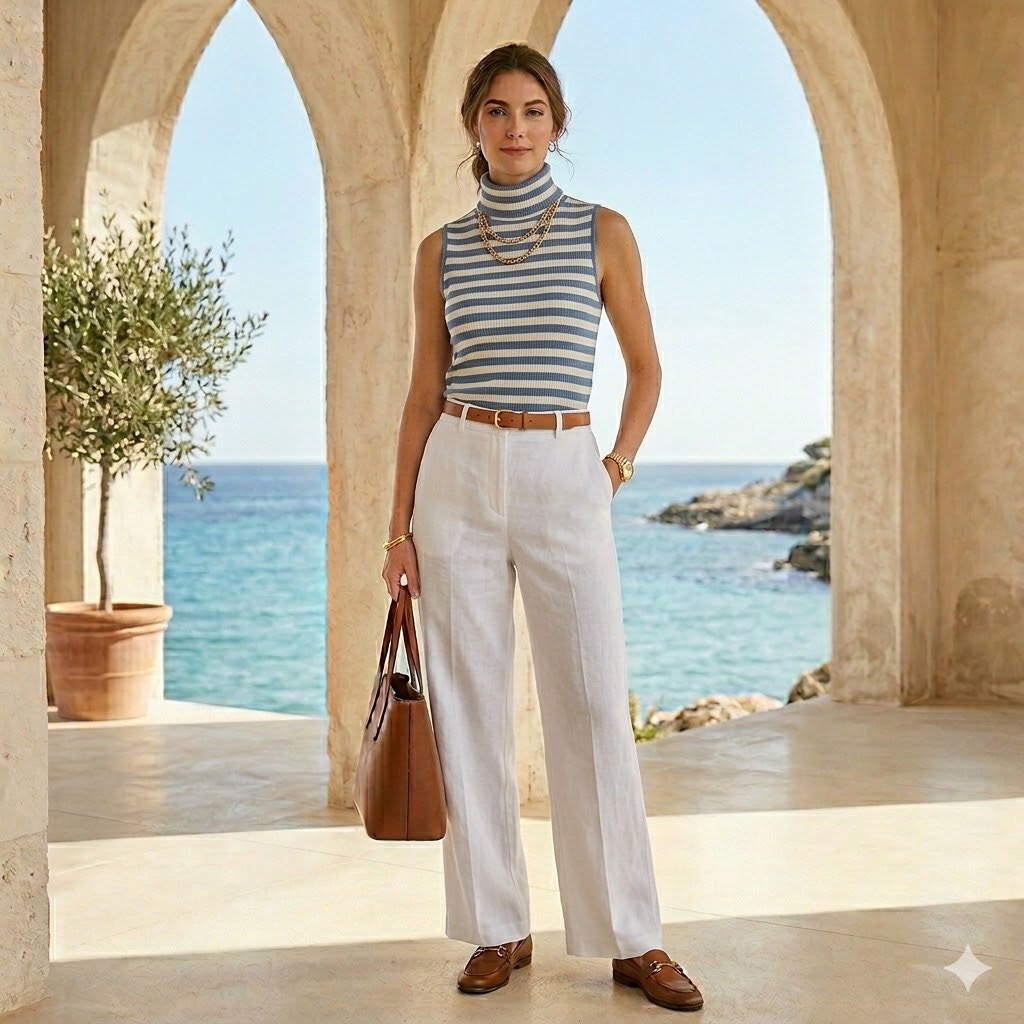 Tommy Hilfiger Blue White Striped Turtleneck Tank Top Large Sleeveless Blouse