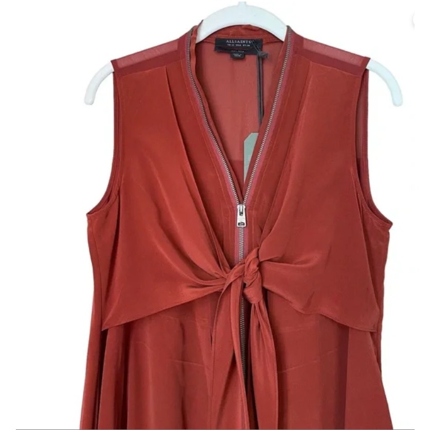 All Saints Jayda Rust 100% Silk Sleeveless Zip Front Midi Dress Sz 2 Grunge Fall
