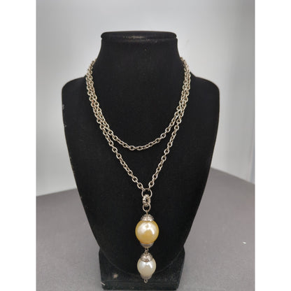 Vintage Fashion Necklace silvertone faux double pearl statement
