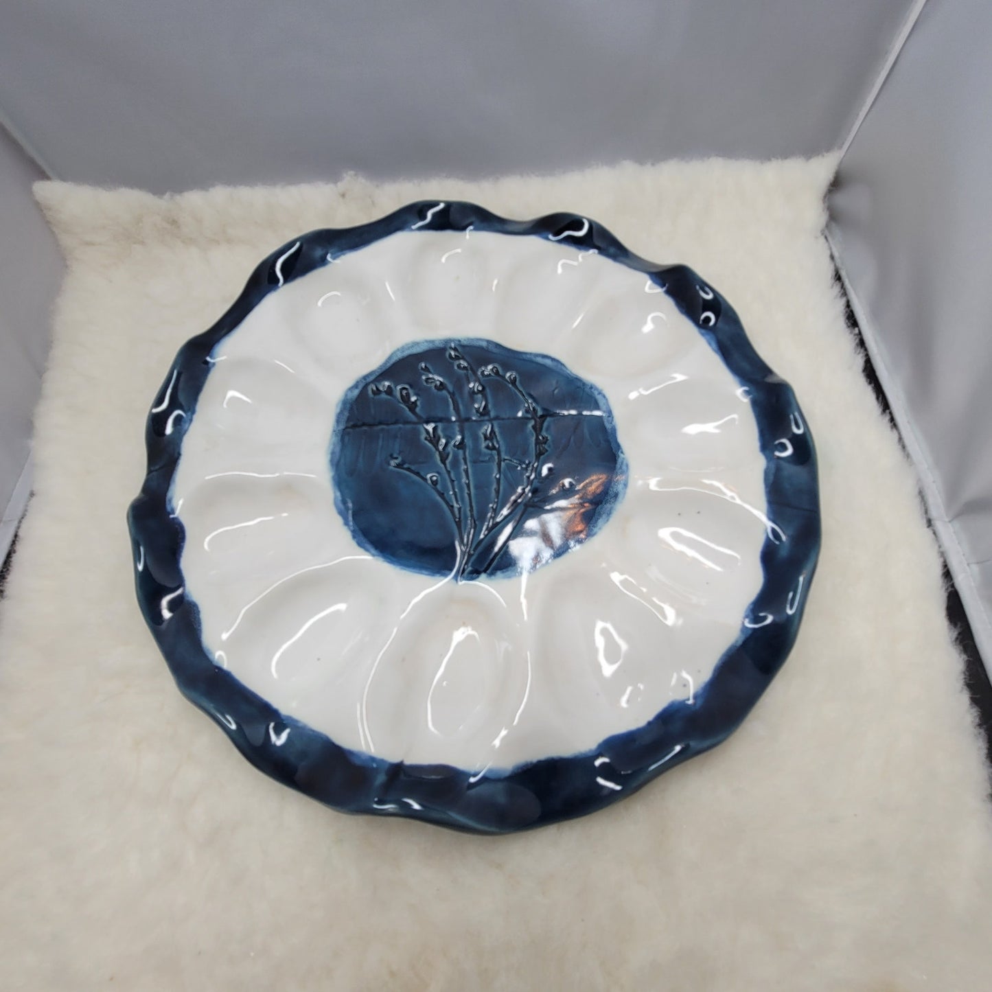 Vintage Handmade Art Studio Pottery Deviled Egg Oyster Platter Cobalt Blue White