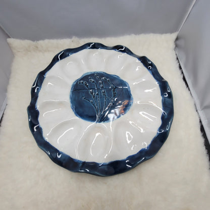 Vintage Handmade Art Studio Pottery Deviled Egg Oyster Platter Cobalt Blue White