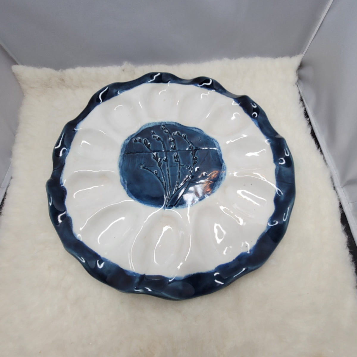 Vintage Handmade Art Studio Pottery Deviled Egg Oyster Platter Cobalt Blue White
