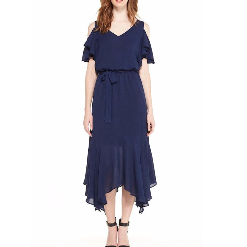 Maggy London Dress Size 6 Navy Blue Cold Shoulder Asymmetrical Ruffle Hem Belted