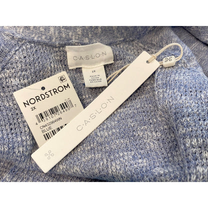 NWT Caslon Open Front Shaker Stitch Cardigan Linen/Cotton in Blue Pockets Sz 2X