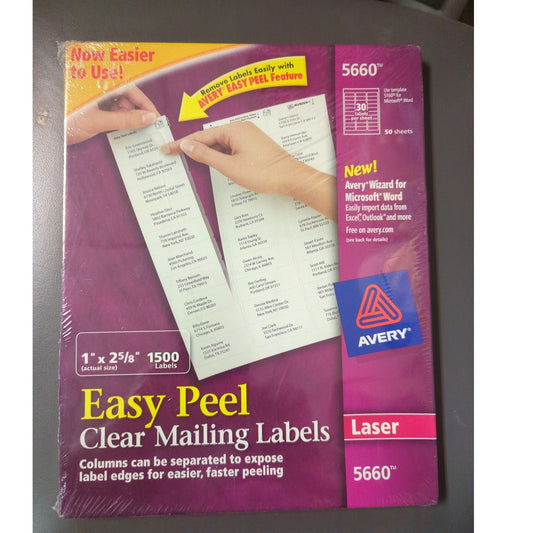 Avery 5660 1" x 2 5/8" Easy Peel Clear Mailing Labels 30 per sheet 1500 total
