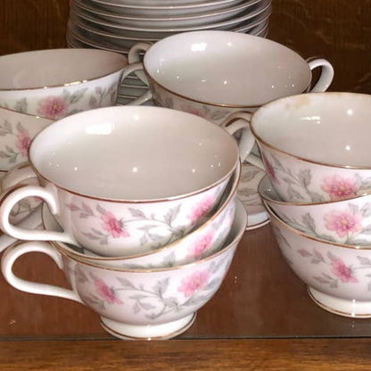 Footed Cup & Saucer Set Shalimar by Valmont China Pink Flowers Gray Stems SHABBY