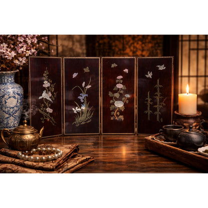 Vintage Chinoiserie 4-Panel Tabletop Screen | Silver Metal Inlay Art