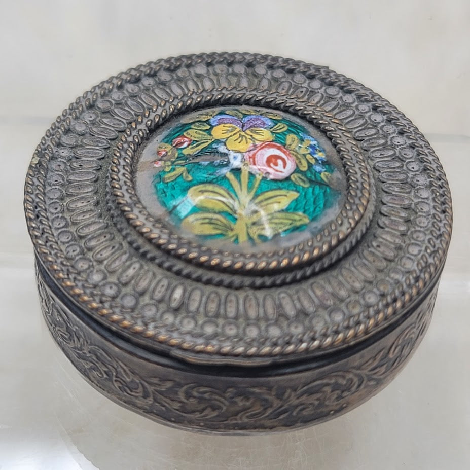 Antique French Filigree Metal & Guilloché Floral Enamel Box boudoir Pill snuff