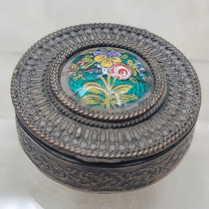Antique French Filigree Metal & Guilloché Floral Enamel Box boudoir Pill snuff