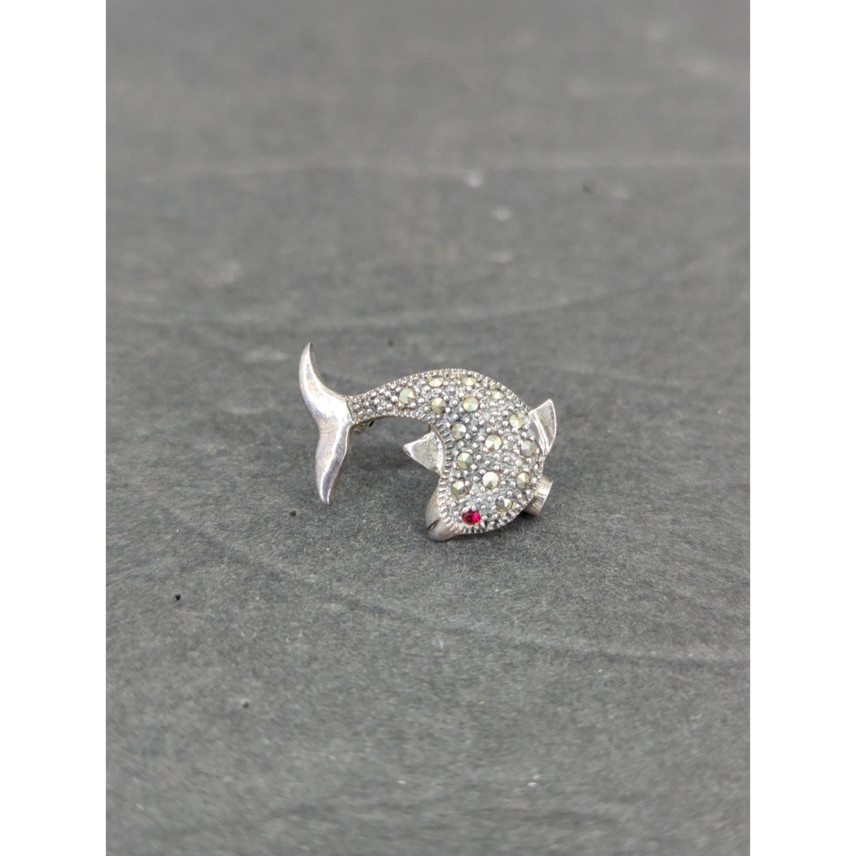 Vintage Sterling Silver 925 Rhinestone Ruby Dolphin Brooch Pin Nautical Retro