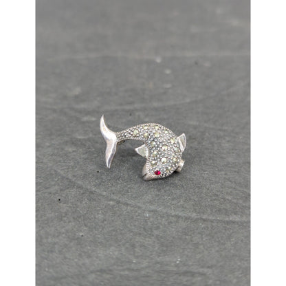 Vintage Sterling Silver 925 Rhinestone Ruby Dolphin Brooch Pin Nautical Retro