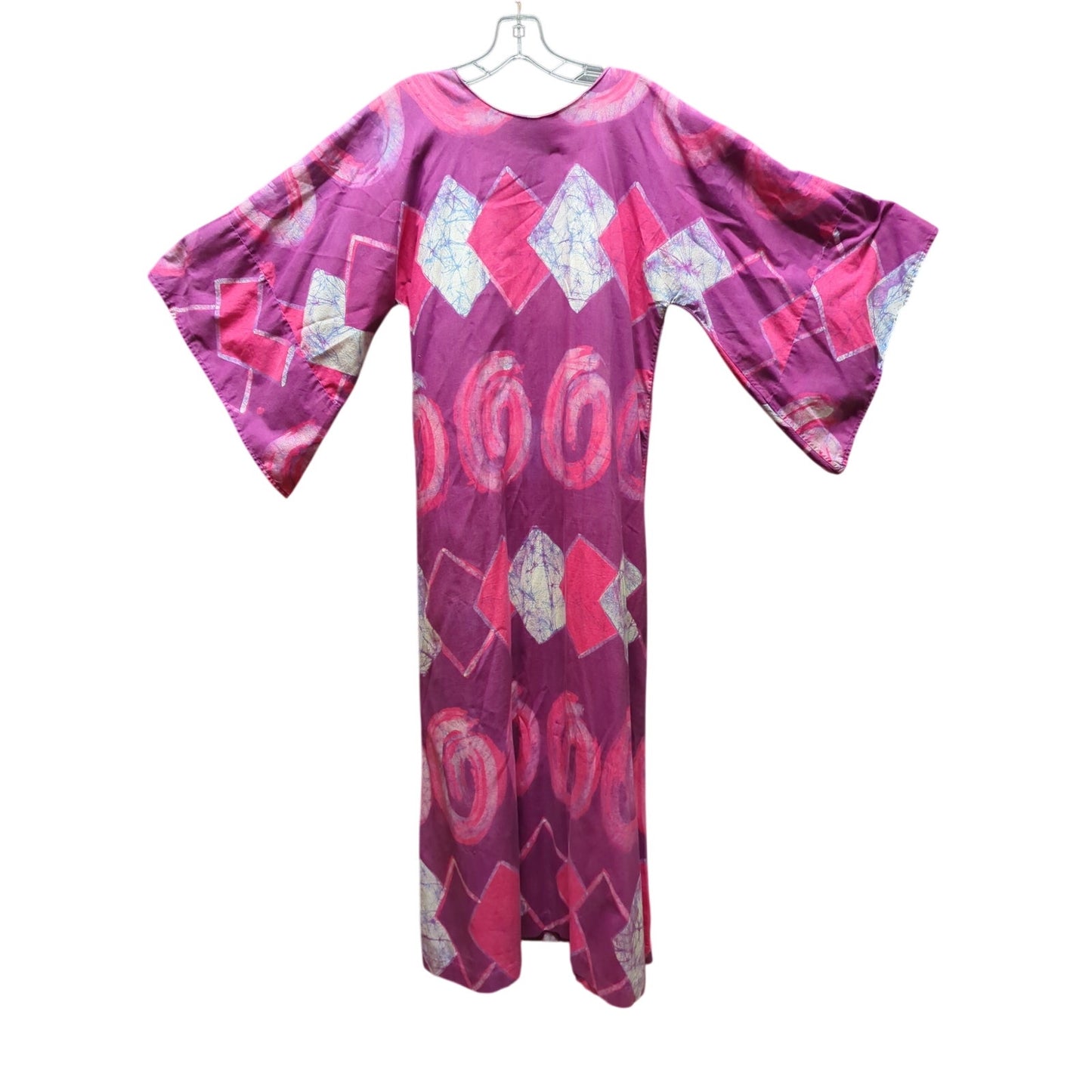 Vintage Purple Pink Batik Cotton Maxi Dress Angel Sleeve Bohemian Caftan 70s