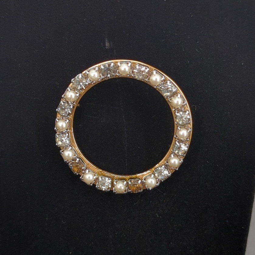 Vintage Fashion BROOCH PIN Faux Pearl Smoky Quartz Clear Rhinestone Goldtone