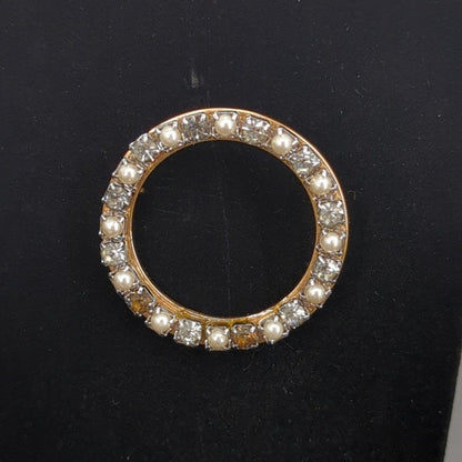 Vintage Fashion BROOCH PIN Faux Pearl Smoky Quartz Clear Rhinestone Goldtone
