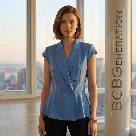 BCBGeneration Blue Double Breasted Peplum Top Sleeveless Shawl Collar Blouse