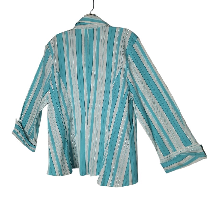Cato Turquoise Teal & White Striped V-Neck Blouse Large Button Up Silver Thread