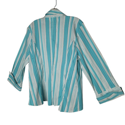Cato Turquoise Teal & White Striped V-Neck Blouse Large Button Up Silver Thread