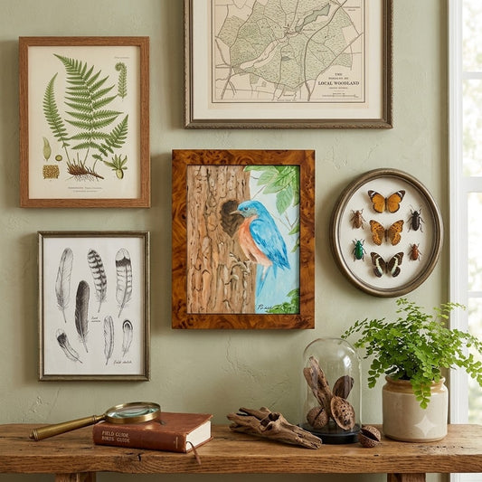 Vintage Bluebird Folk Art Painting Wooden Burl Frame Nature Inspired Decor Art