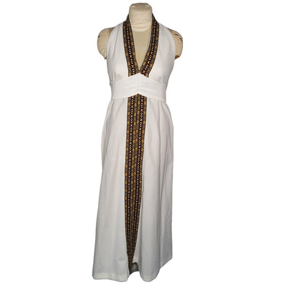 Vintage 60s Polyester Halter Maxi Small White Boho Center Stripe Woven Detail3