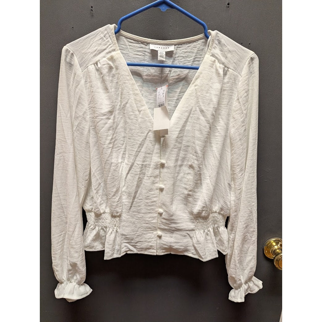 Topshop White blouse Peasant Crop Top Size 8 NWT Ruffle Neckline Puff Sleeve NEW